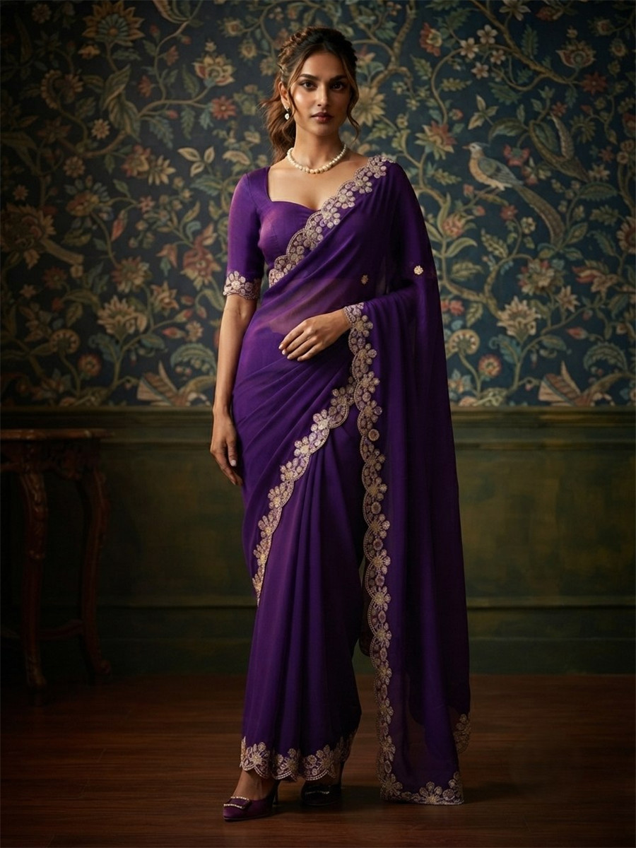 Purple Soft Satin Chiffon Embroidery Wedding Reception Party Festival Casual Heavy Border Sarees