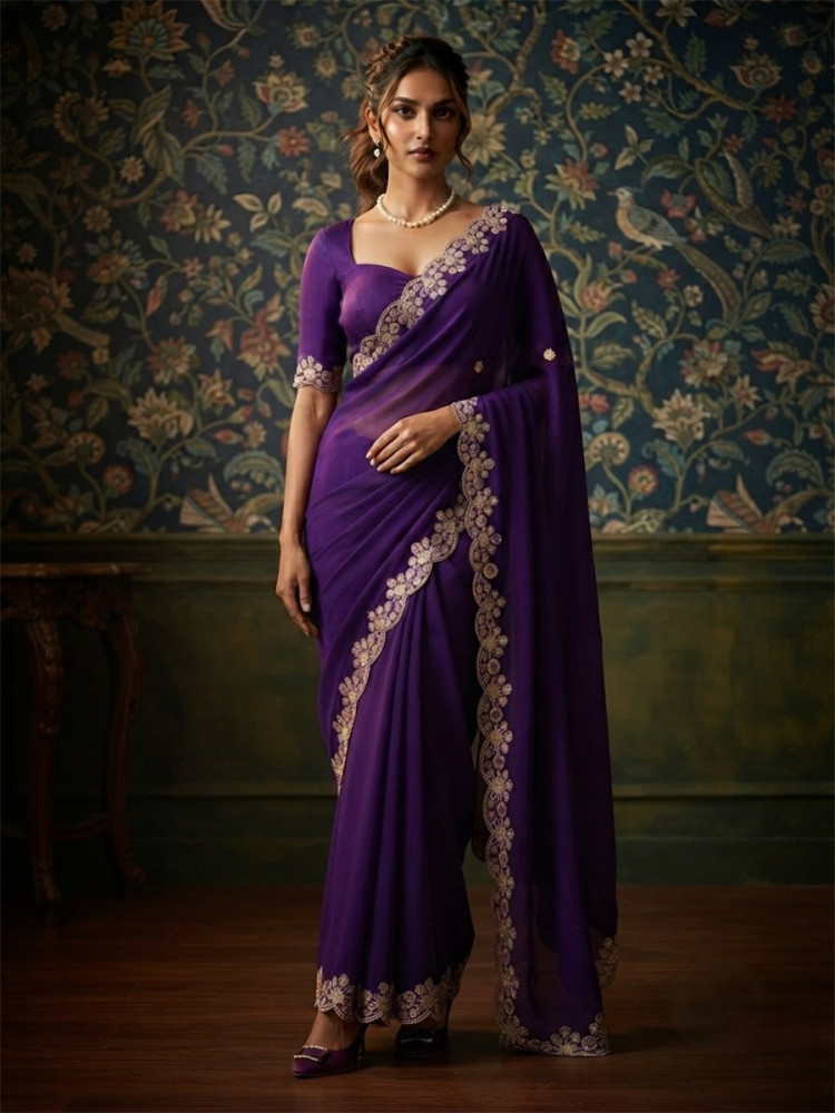 Image of Purple Soft Satin Chiffon Embroidery Wedding Reception Party Festival Casual Heavy Border Sarees