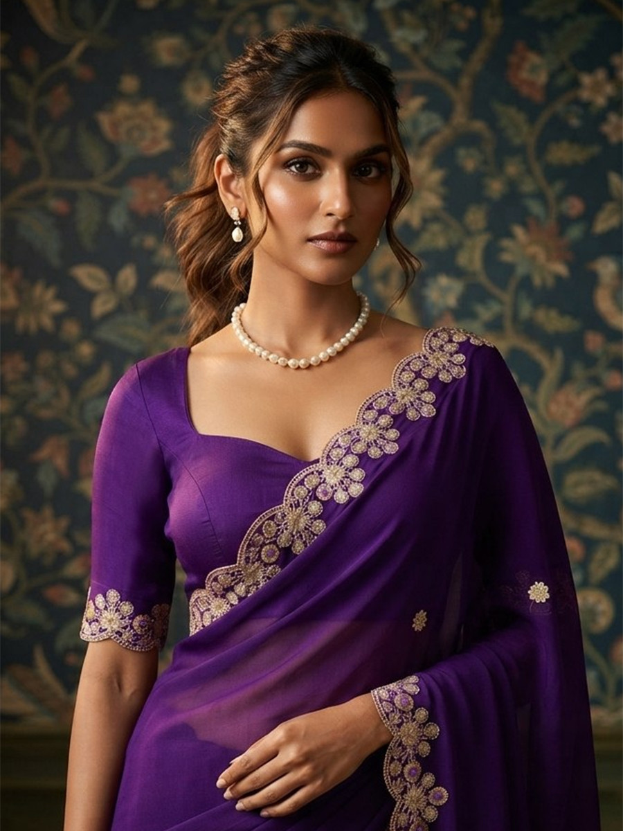 Purple Soft Satin Chiffon Embroidery Wedding Reception Party Festival Casual Heavy Border Sarees