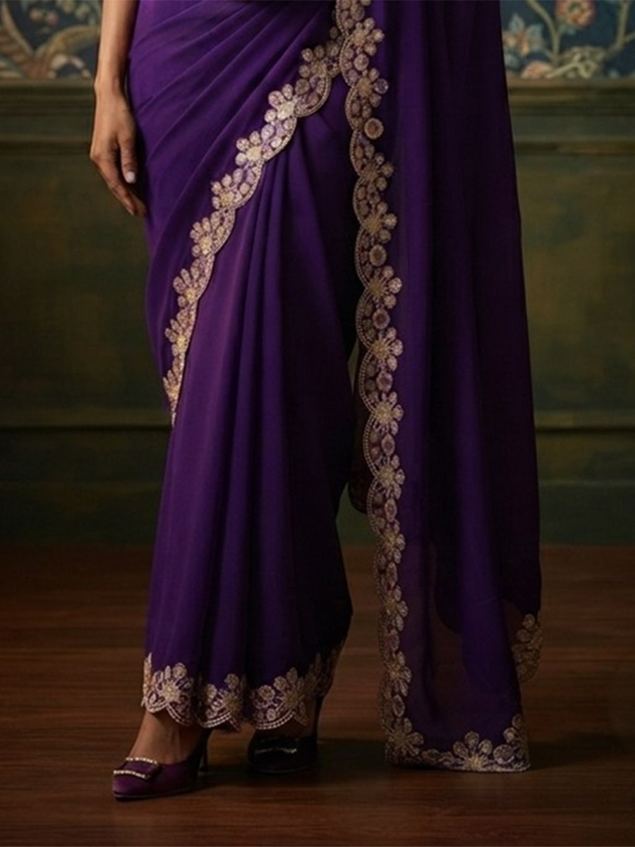 Purple Soft Satin Chiffon Embroidery Wedding Reception Party Festival Casual Heavy Border Sarees