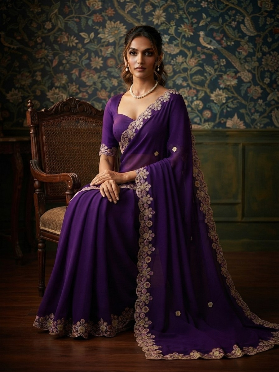 Purple Soft Satin Chiffon Embroidery Wedding Reception Party Festival Casual Heavy Border Sarees