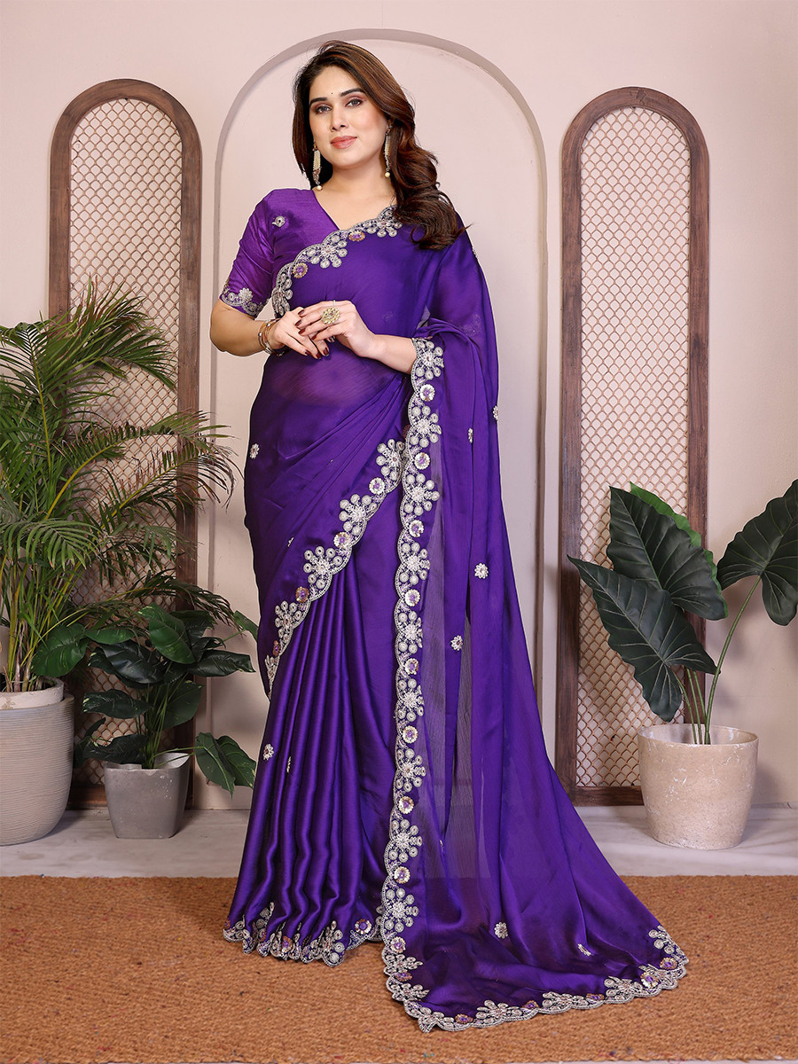 Purple Soft Satin Chiffon Embroidery Zari Sequins Wedding Festival Party Wear Heavy Border Sarees