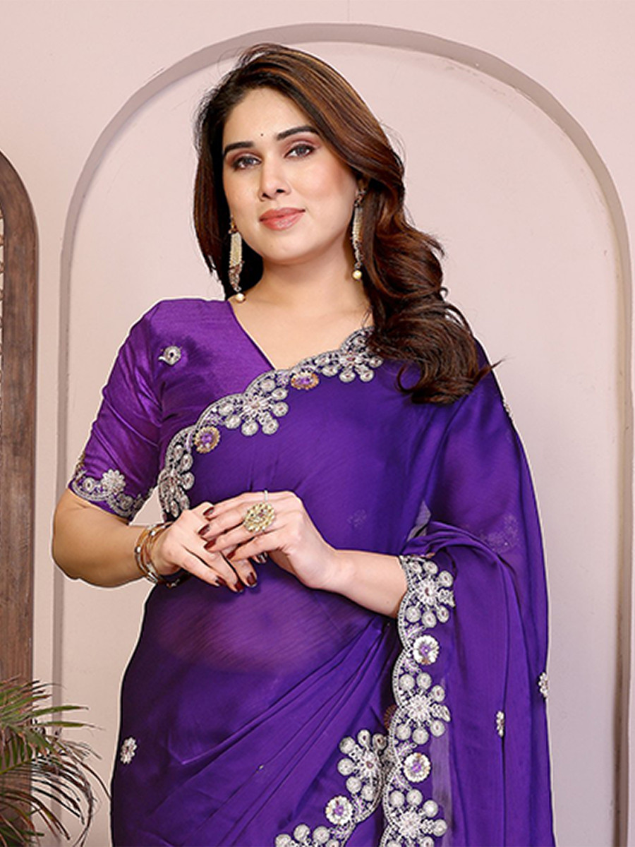 Purple Soft Satin Chiffon Embroidery Zari Sequins Wedding Festival Party Wear Heavy Border Sarees