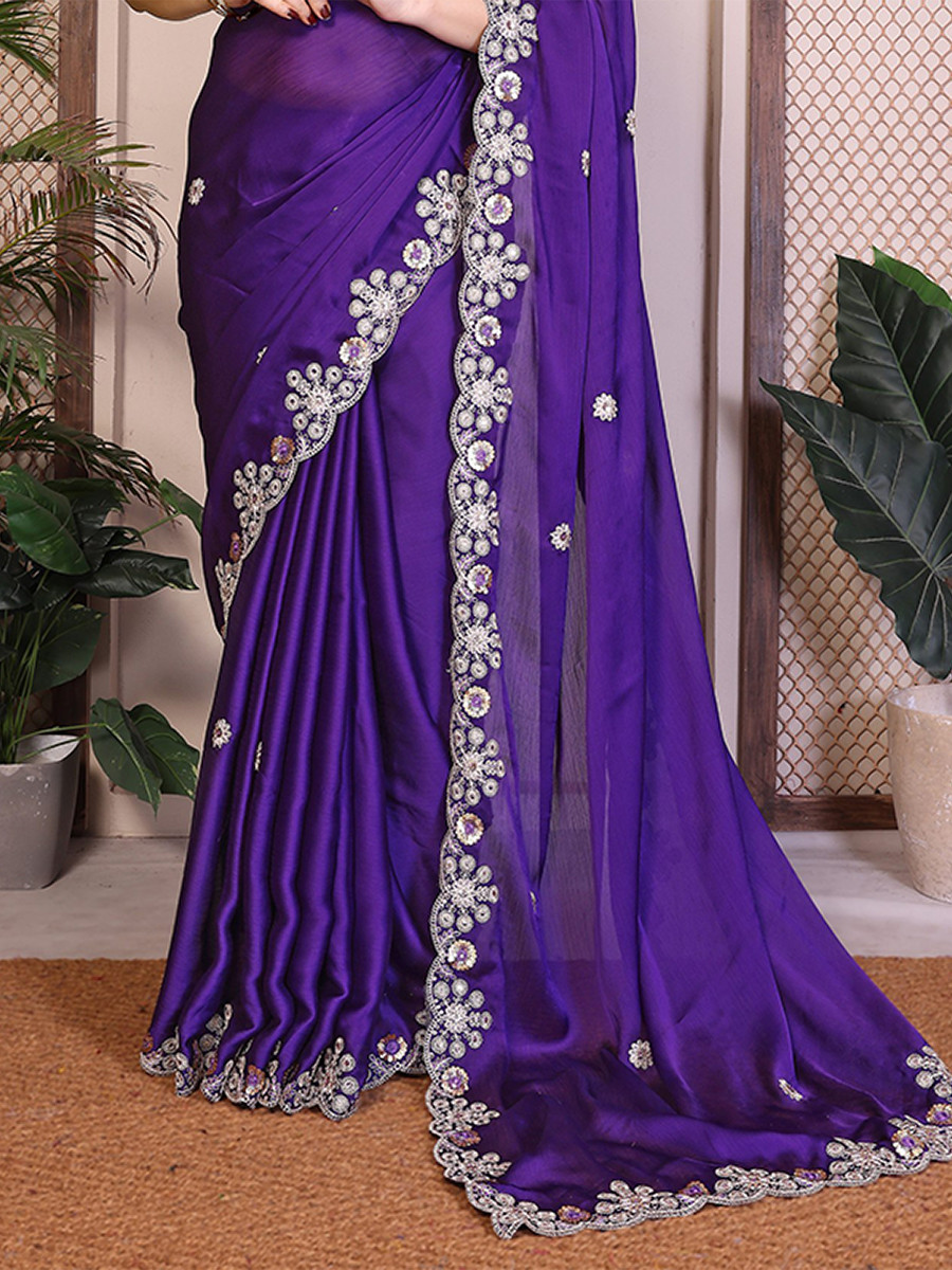 Purple Soft Satin Chiffon Embroidery Zari Sequins Wedding Festival Party Wear Heavy Border Sarees