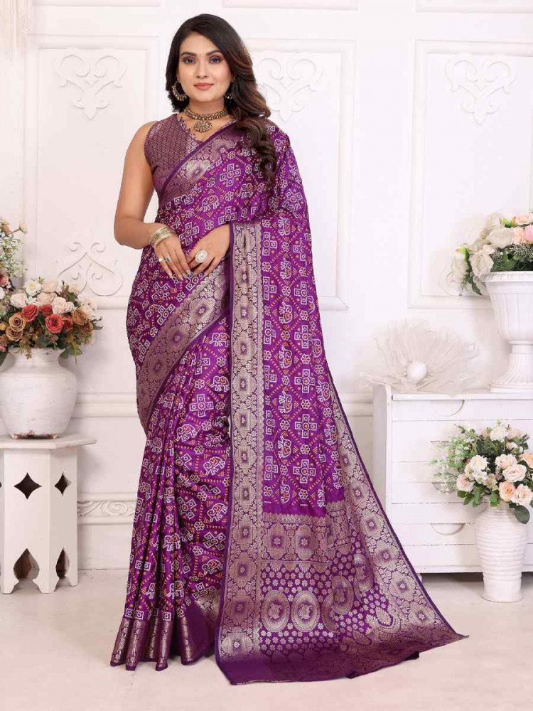 Image of Purple Soft Satin Silk Handwoven Festival Wedding Fancy Heavy Border Saree