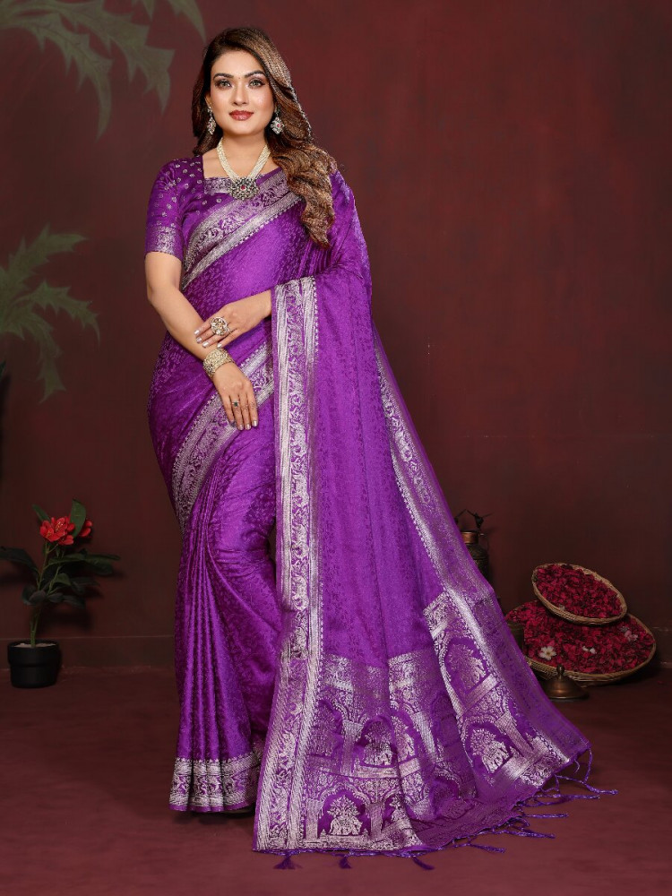 Image of Purple Soft Satin Silk Zari Kanjivaram Wedding Reception Party Festival Heavy Border Sarees