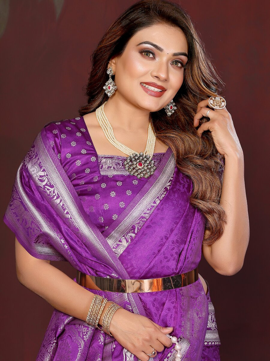 Purple Soft Satin Silk Zari Kanjivaram Wedding Reception Party Festival Heavy Border Sarees