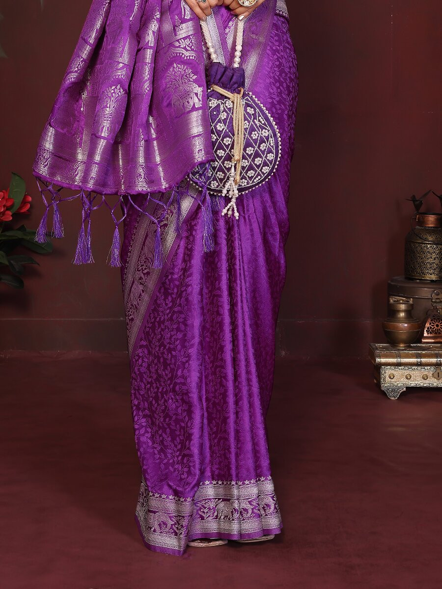 Purple Soft Satin Silk Zari Kanjivaram Wedding Reception Party Festival Heavy Border Sarees