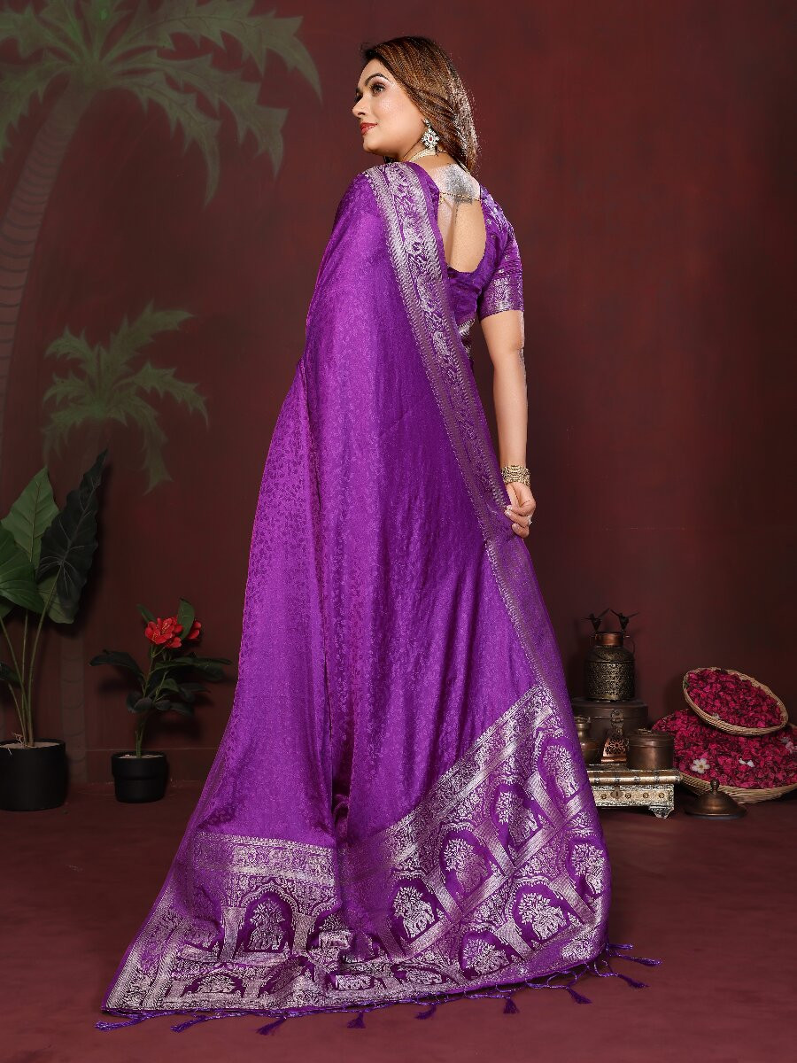 Purple Soft Satin Silk Zari Kanjivaram Wedding Reception Party Festival Heavy Border Sarees