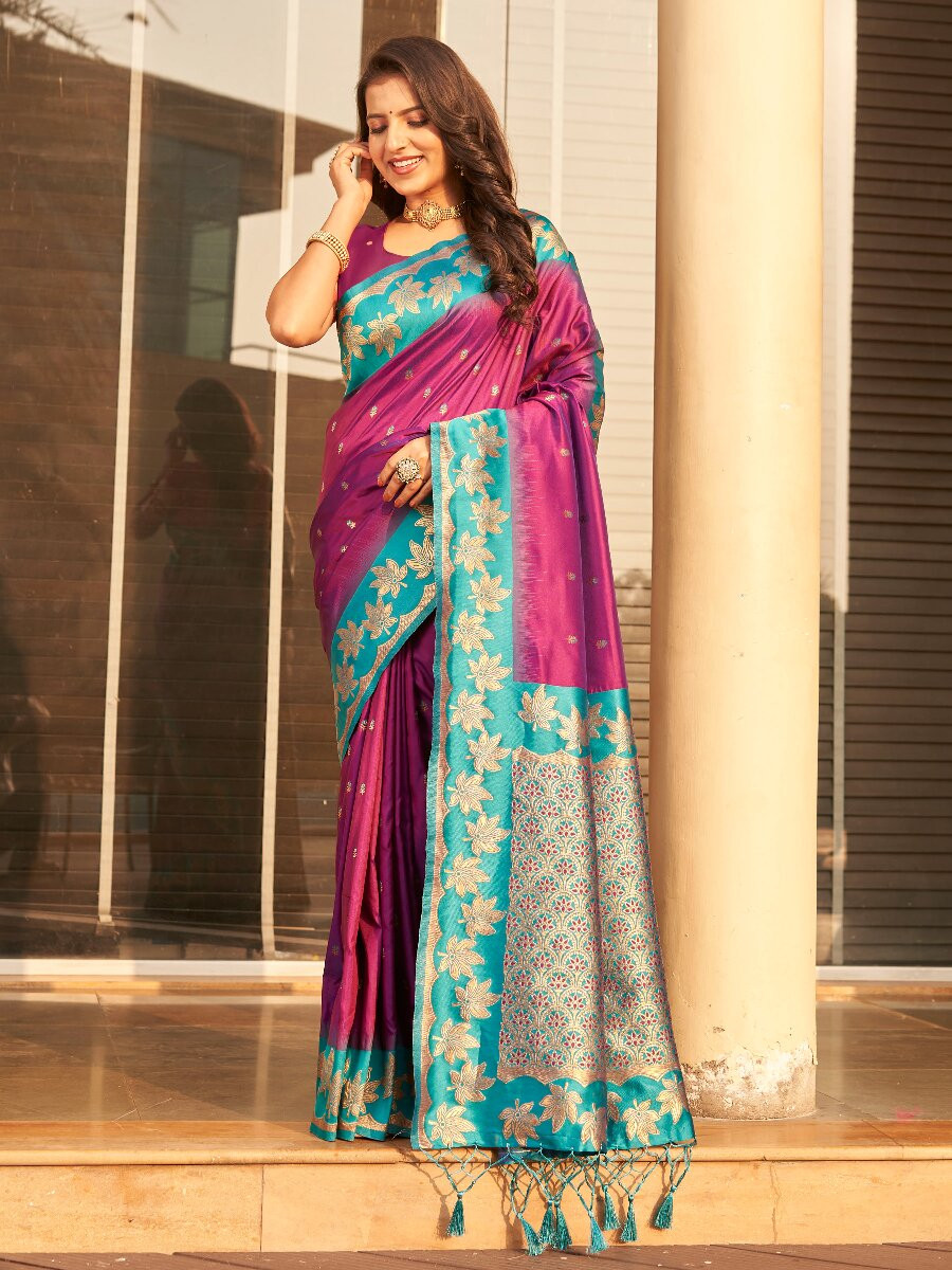 Purple Soft Silk Banarasi Zari Weaves Meenakari Work Wedding Reception Party Festival Casual Heavy Border Sarees