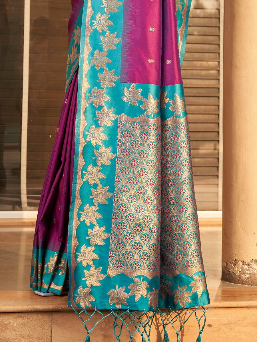 Purple Soft Silk Banarasi Zari Weaves Meenakari Work Wedding Reception Party Festival Casual Heavy Border Sarees