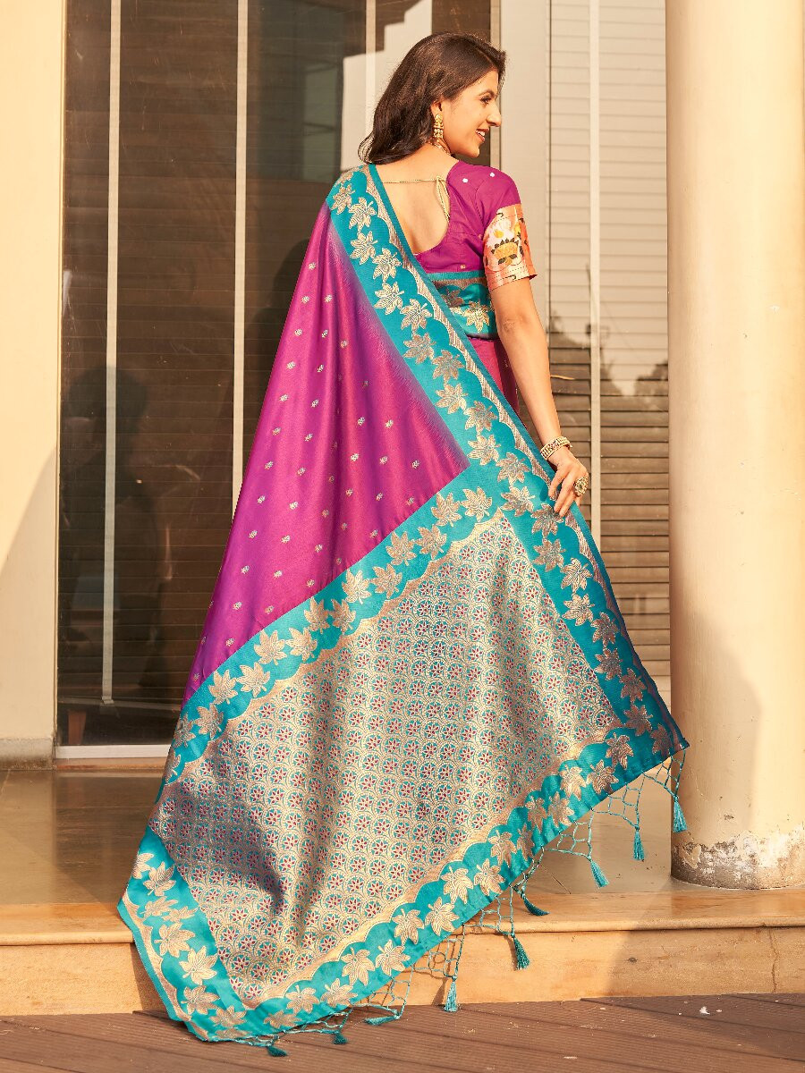 Purple Soft Silk Banarasi Zari Weaves Meenakari Work Wedding Reception Party Festival Casual Heavy Border Sarees