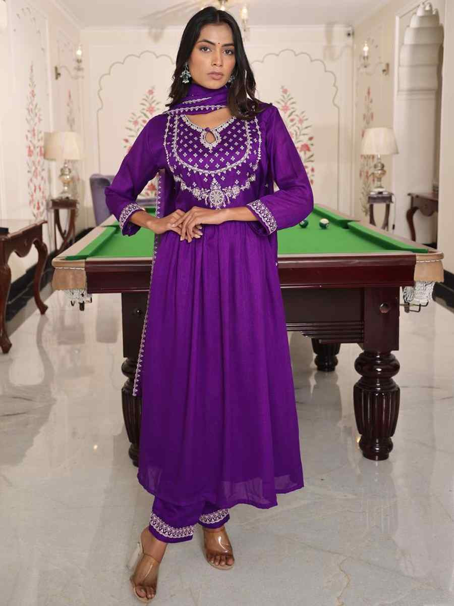 Purple Soft Silk Embroidered Casual Festival Pant Salwar Kameez