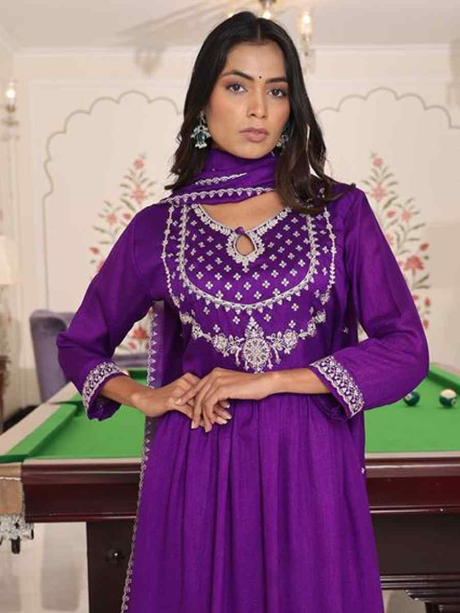 Purple Soft Silk Embroidered Casual Festival Pant Salwar Kameez