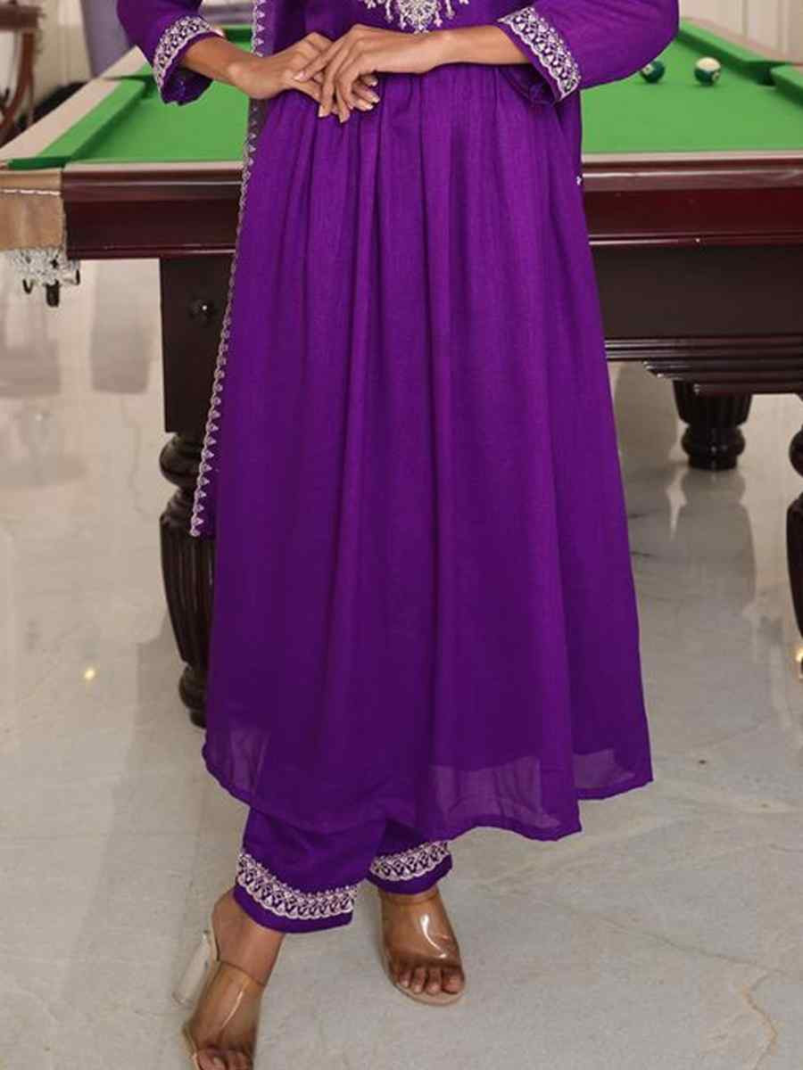 Purple Soft Silk Embroidered Casual Festival Pant Salwar Kameez