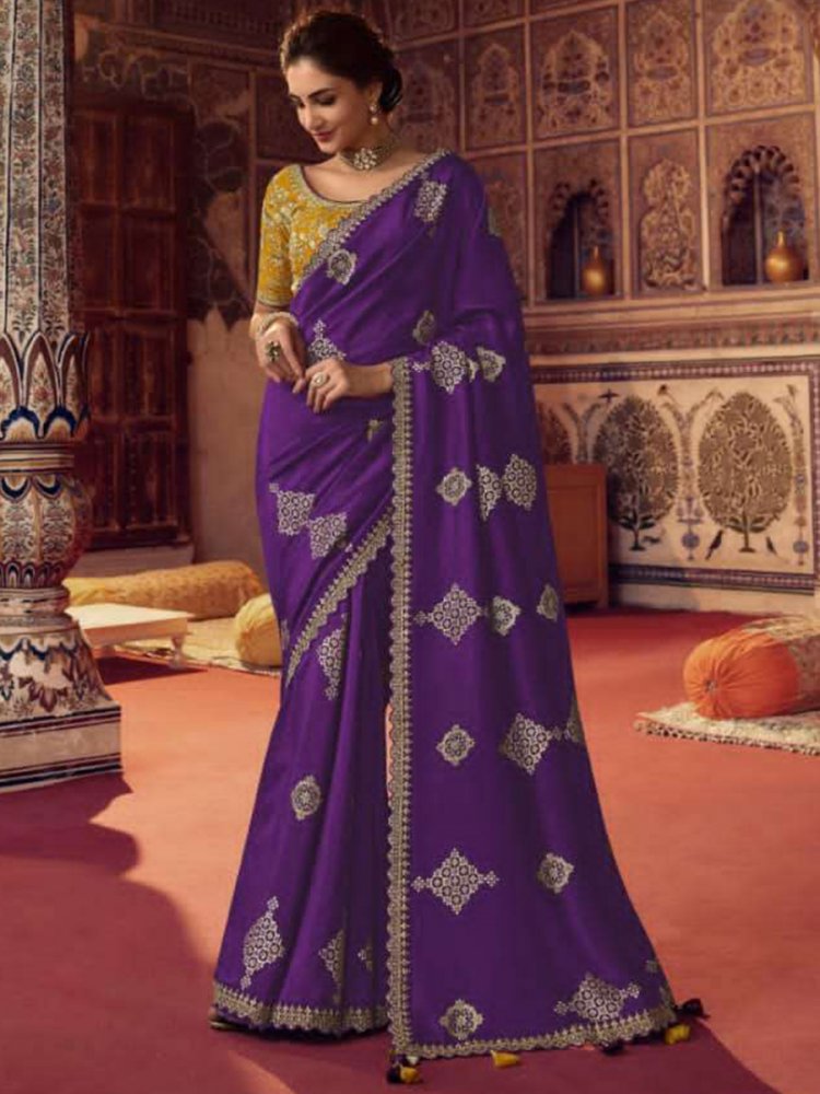 Purple Soft Silk Embroidered Wedding Festival Classic Style Saree