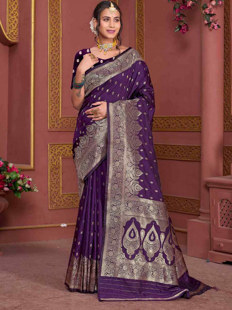 Purple Soft Silk Handwoven Festival Wedding Fancy Heavy Border Saree