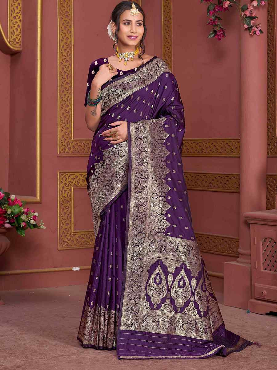 Purple Soft Silk Handwoven Festival Wedding Fancy Heavy Border Saree