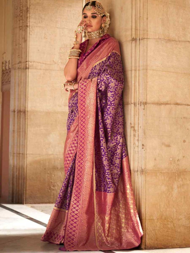 Purple Soft Silk Handwoven Wedding Festival Heavy Border Saree