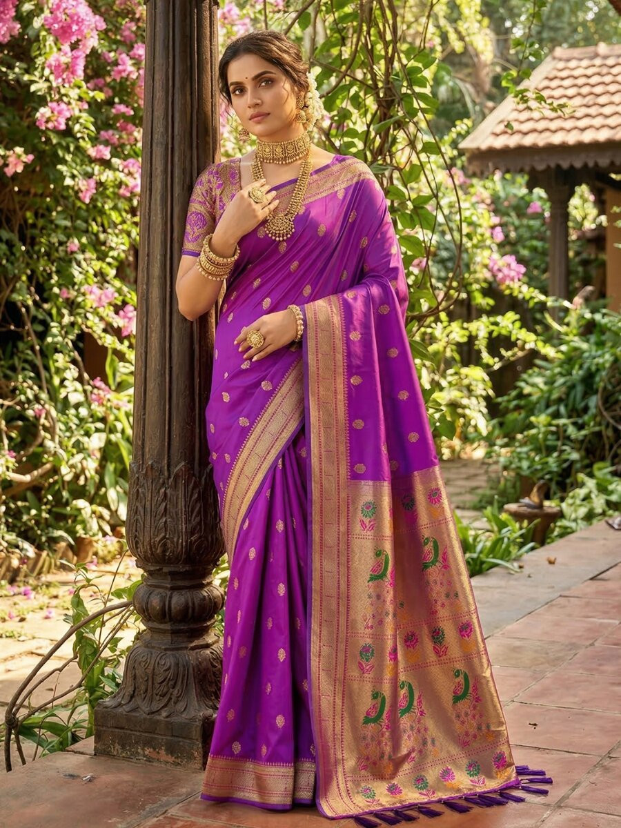 Purple Soft Silk Handwoven Wedding Reception Party Festival Casual Heavy Border Sarees