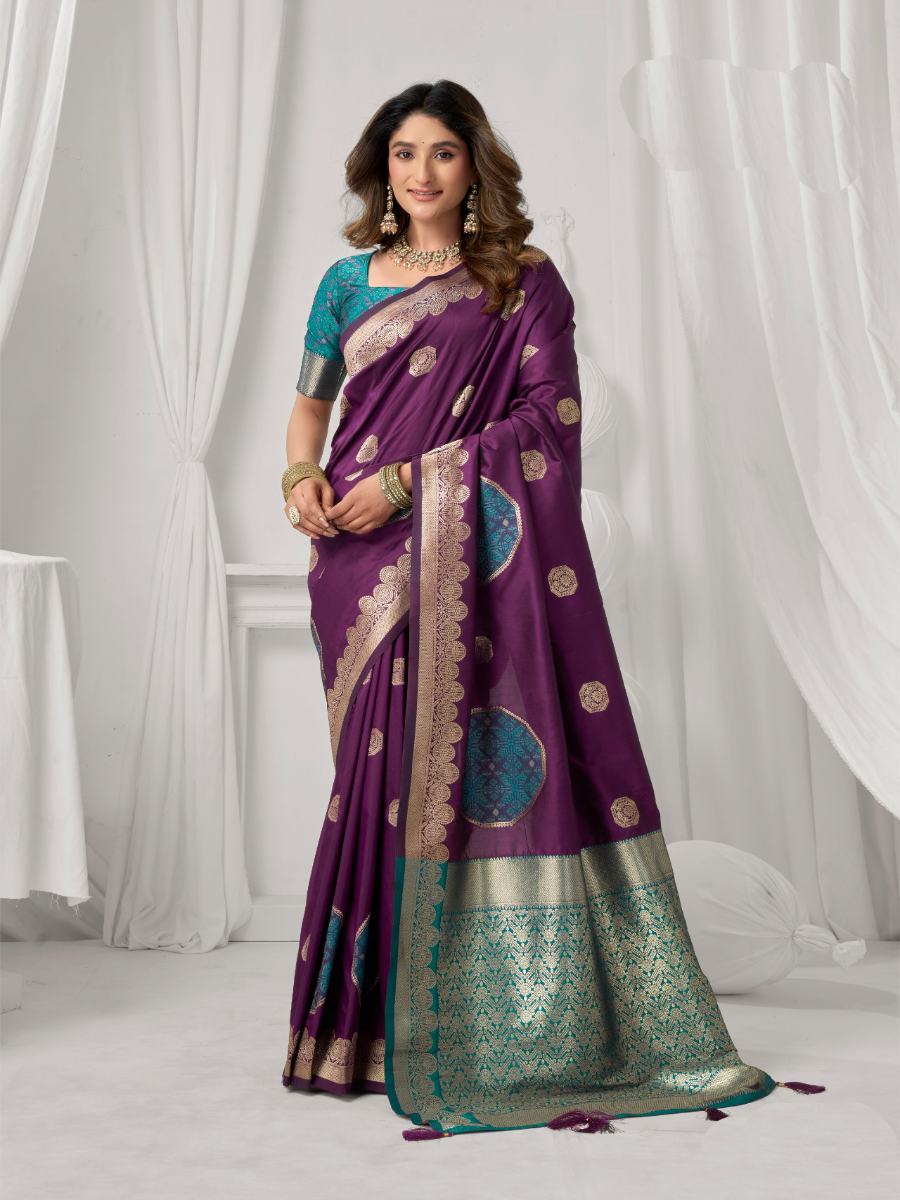 Purple Soft Silk Kanjivaram Zari Brocade Wedding Party Festival Heavy Border Sarees