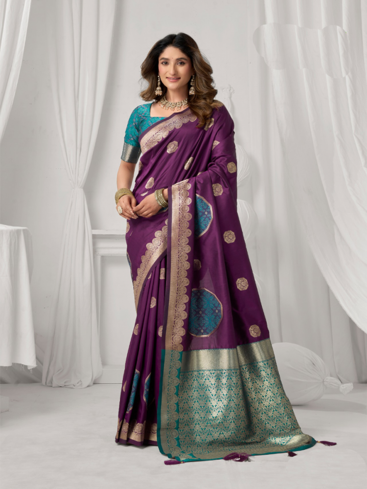 Image of Purple Soft Silk Kanjivaram Zari Brocade Wedding Party Festival Heavy Border Sarees