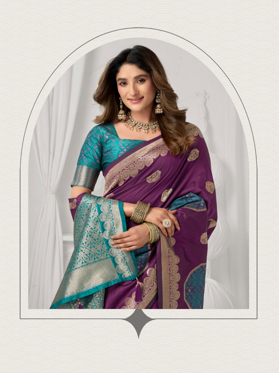 Purple Soft Silk Kanjivaram Zari Brocade Wedding Party Festival Heavy Border Sarees