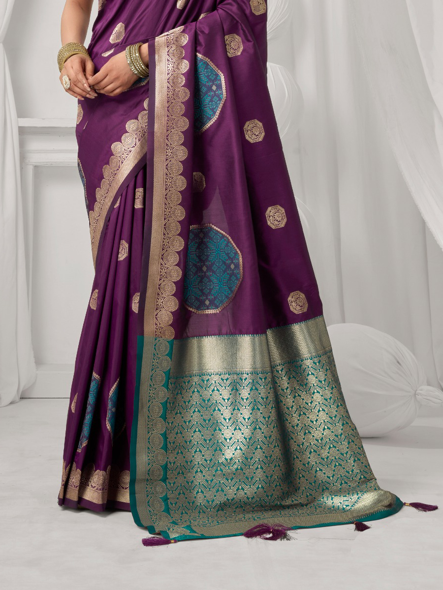 Purple Soft Silk Kanjivaram Zari Brocade Wedding Party Festival Heavy Border Sarees