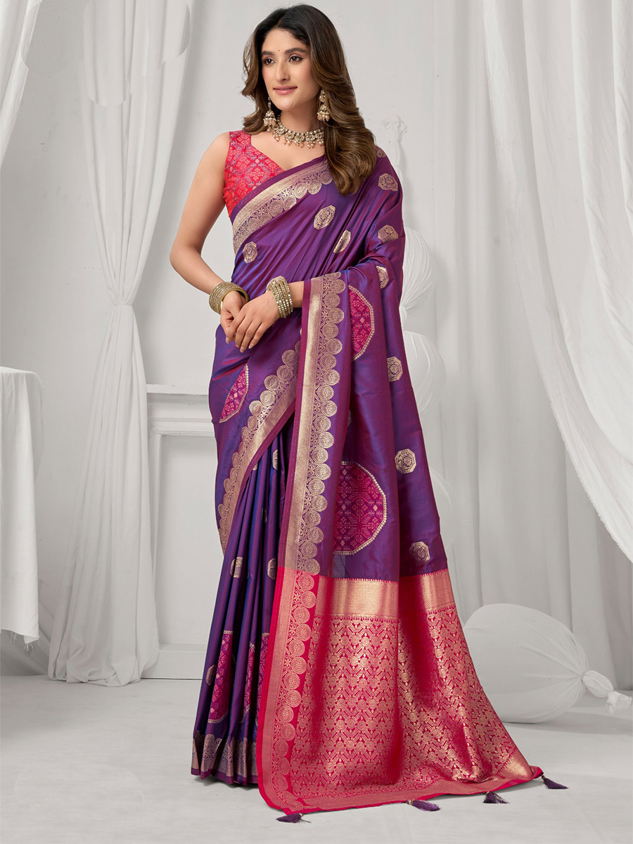 Purple Soft Silk Kanjivaram Zari Brocade Wedding Party Festival Heavy Border Sarees