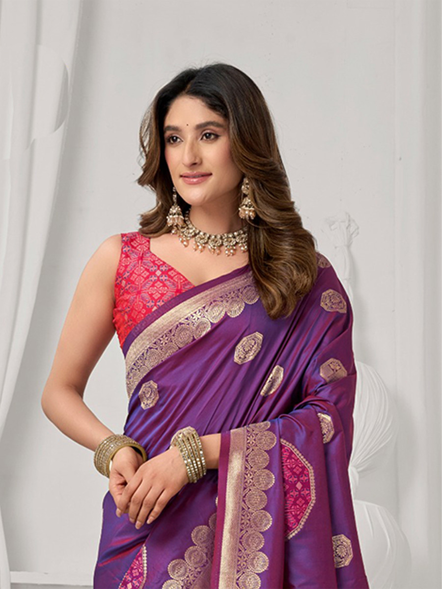 Purple Soft Silk Kanjivaram Zari Brocade Wedding Party Festival Heavy Border Sarees