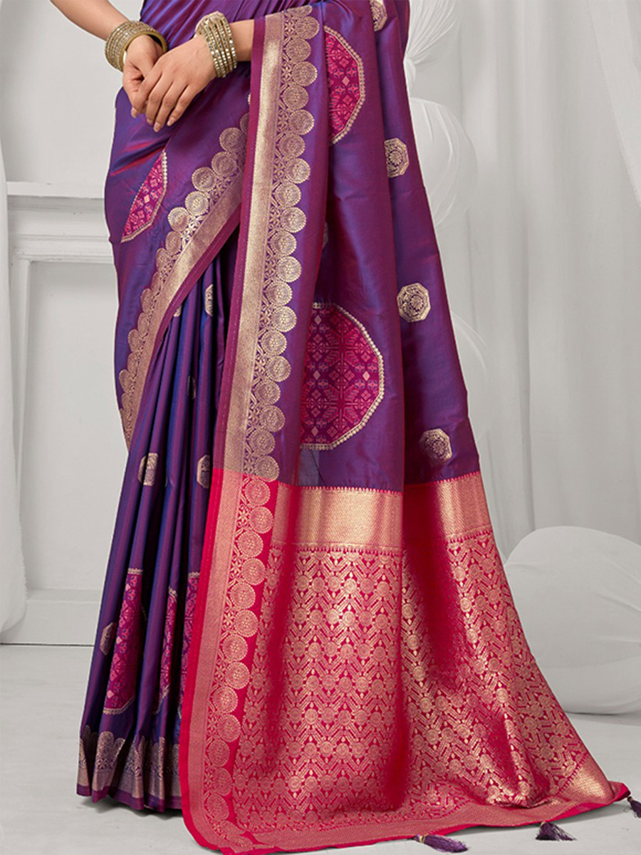 Purple Soft Silk Kanjivaram Zari Brocade Wedding Party Festival Heavy Border Sarees