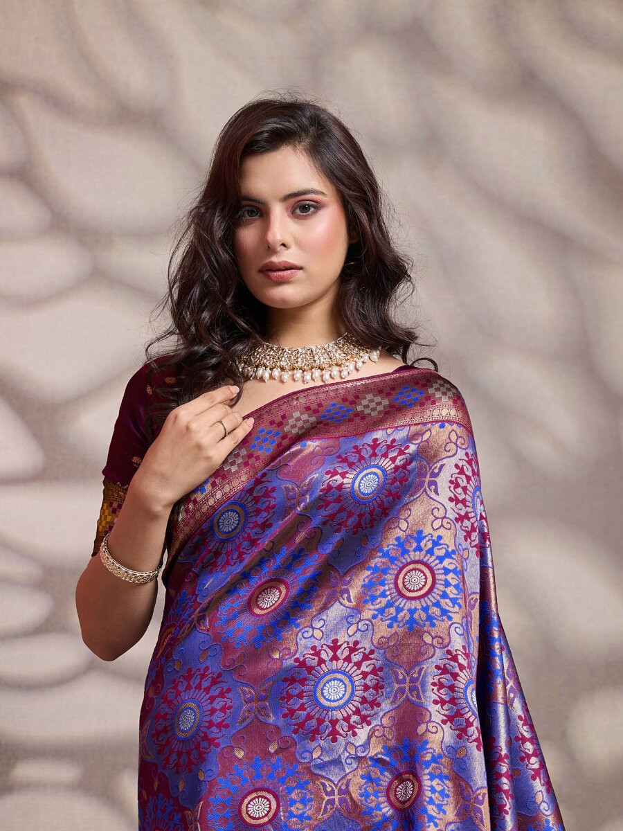 Purple Soft Silk Zari Meenakari Woven Work Wedding Reception Party Festival Casual Heavy Border Sarees
