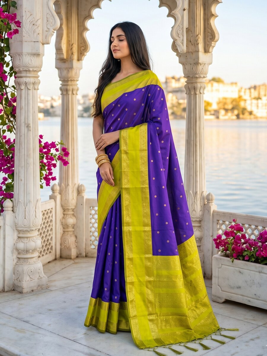 Purple Soft Silk Zari Weaving Wedding Reception Party Festival Casual Heavy Border Sarees