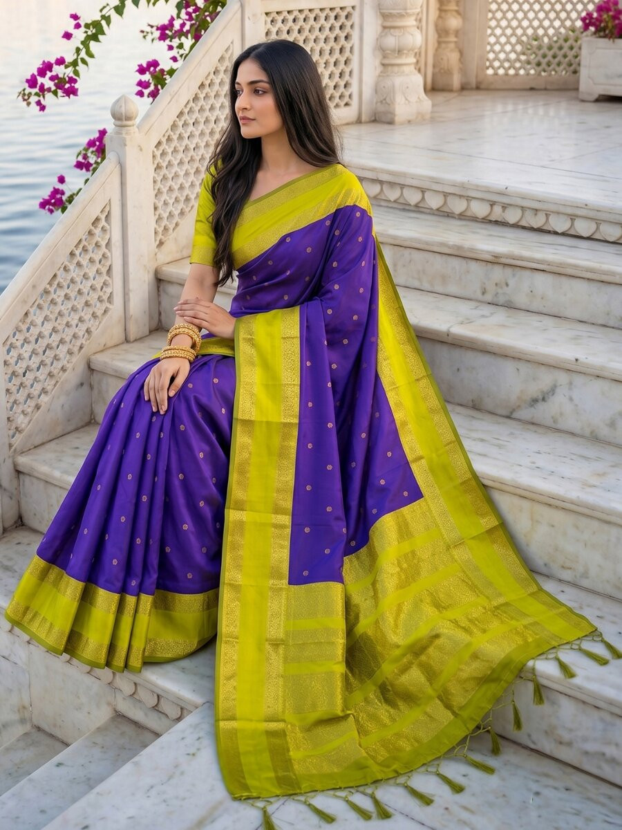 Purple Soft Silk Zari Weaving Wedding Reception Party Festival Casual Heavy Border Sarees