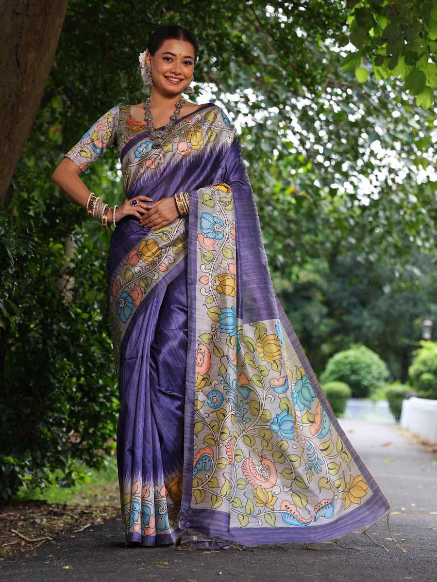 Purple Soft Tussar Silk Printed Casual Reception Festival Wedding Fancy Classic Style Sarees