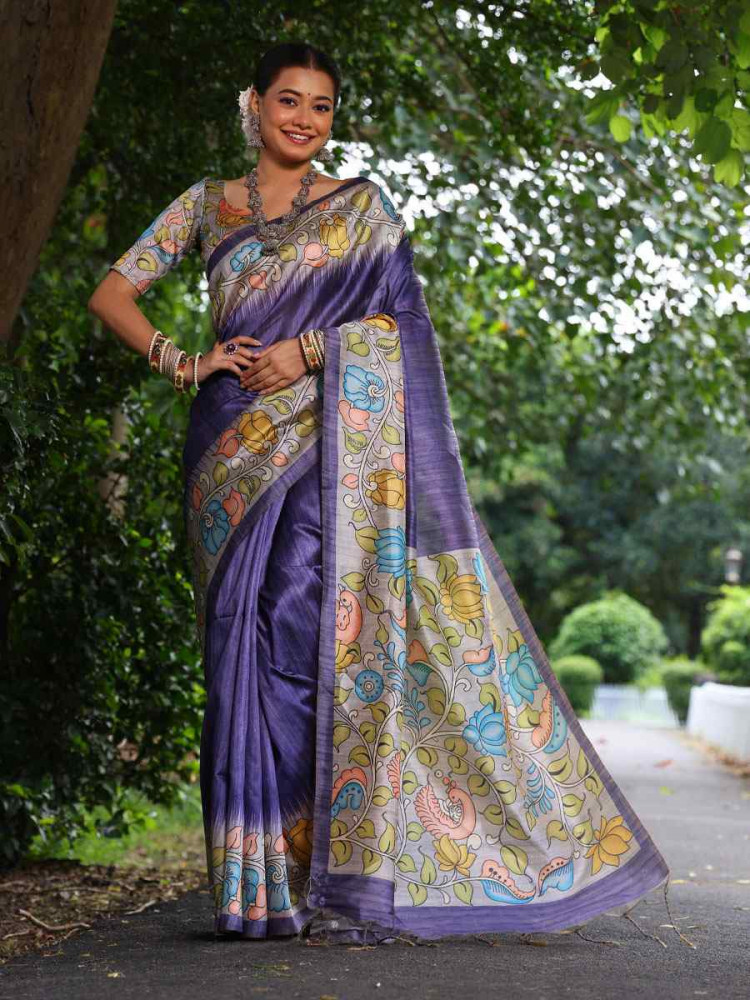 Image of Purple Soft Tussar Silk Printed Casual Reception Festival Wedding Fancy Classic Style Sarees