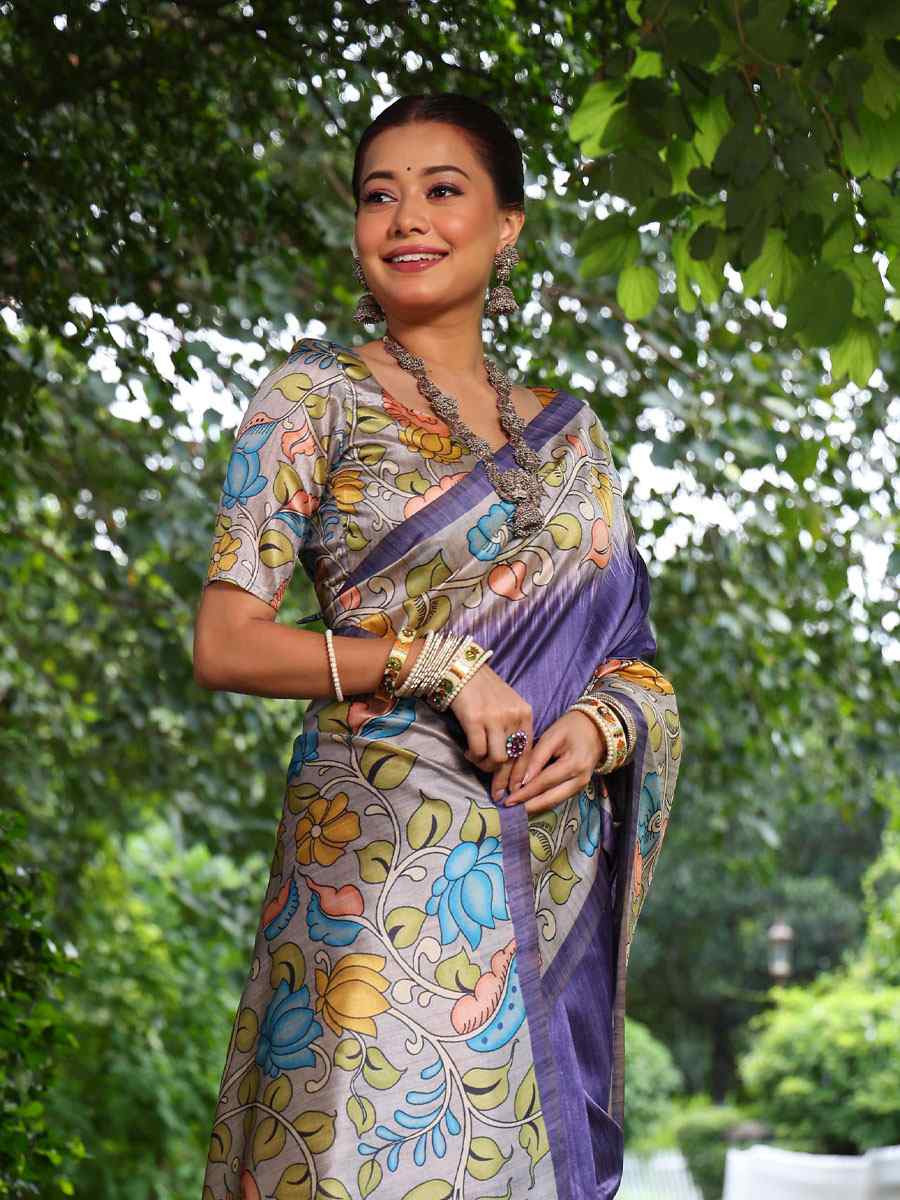 Purple Soft Tussar Silk Printed Casual Reception Festival Wedding Fancy Classic Style Sarees