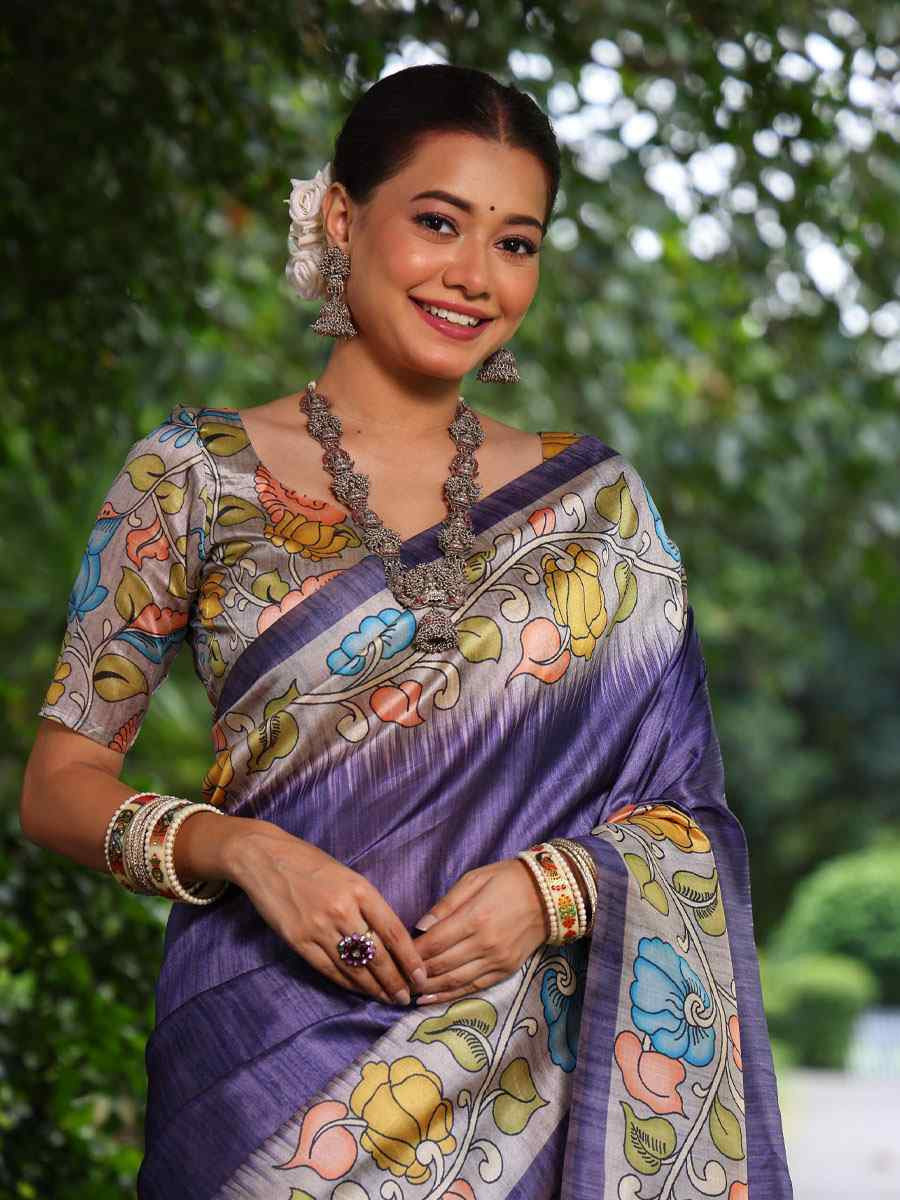 Purple Soft Tussar Silk Printed Casual Reception Festival Wedding Fancy Classic Style Sarees
