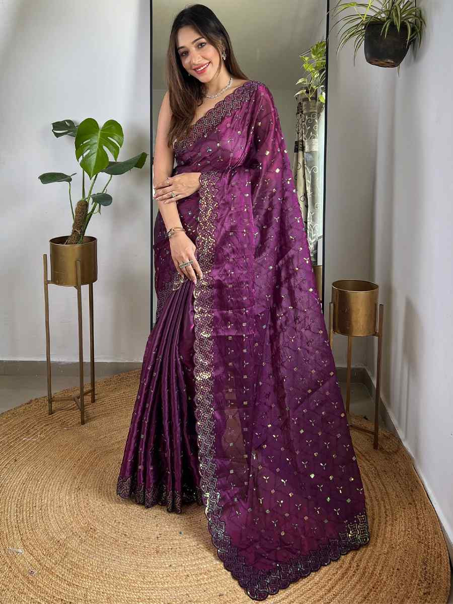 Purple Soft Zimmy choo Silk Embroidery Traditional Bridal Reception Festival Wedding Fancy Heavy Border Saree
