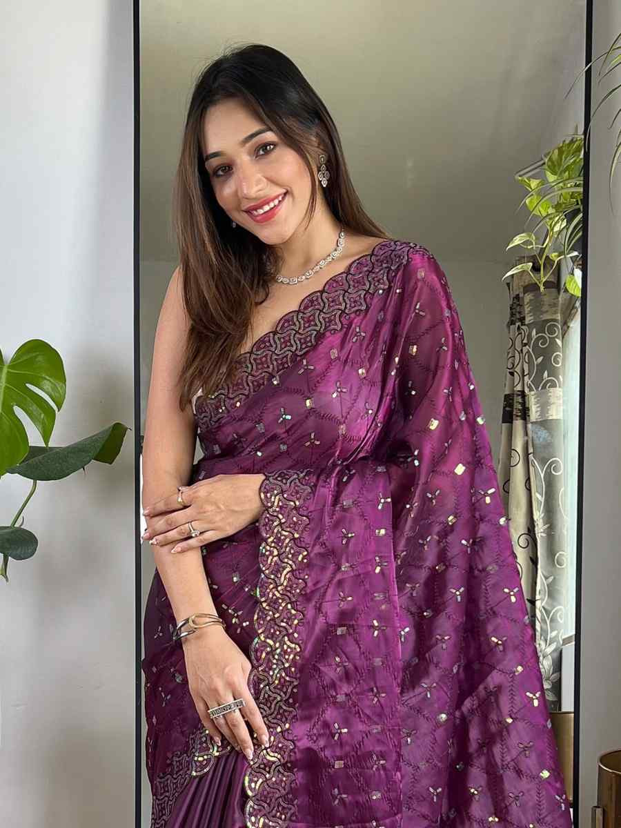 Purple Soft Zimmy choo Silk Embroidery Traditional Bridal Reception Festival Wedding Fancy Heavy Border Saree