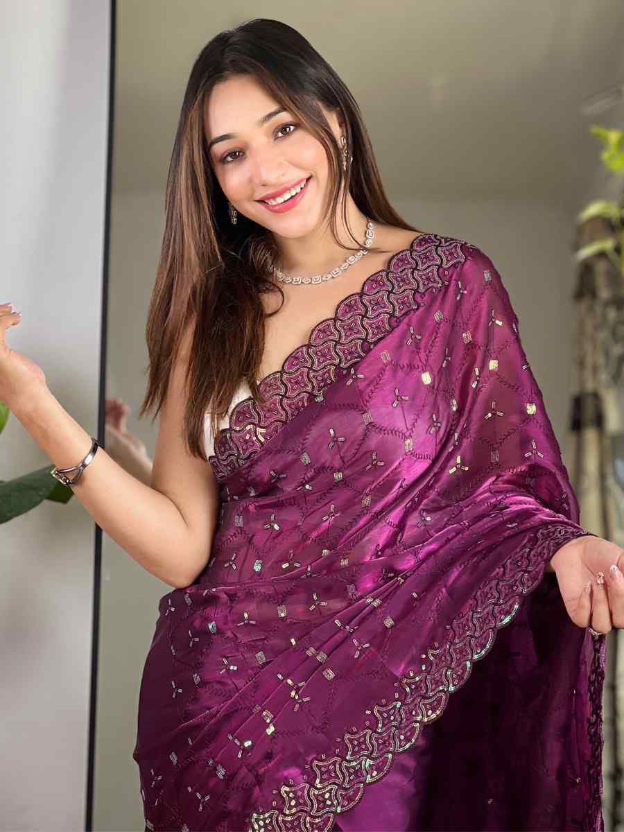 Purple Soft Zimmy choo Silk Embroidery Traditional Bridal Reception Festival Wedding Fancy Heavy Border Saree