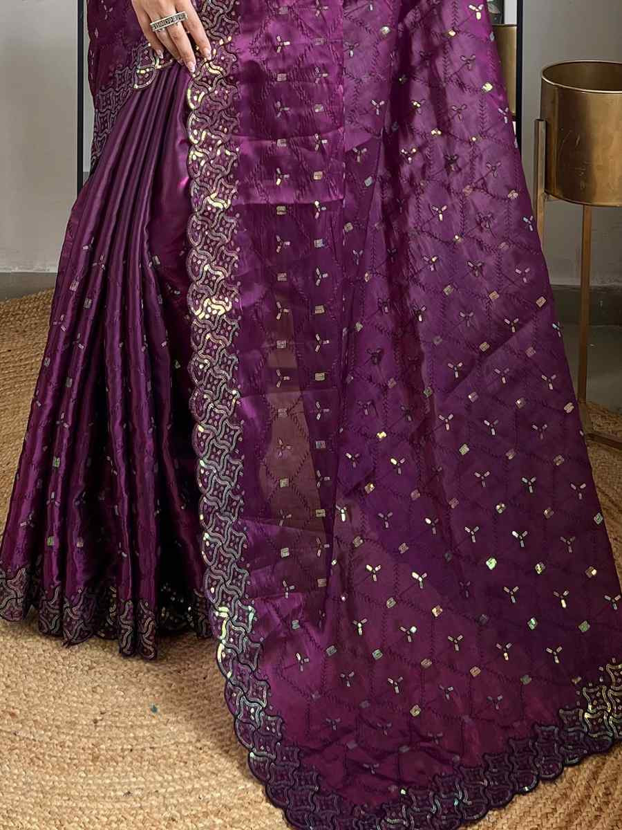 Purple Soft Zimmy choo Silk Embroidery Traditional Bridal Reception Festival Wedding Fancy Heavy Border Saree
