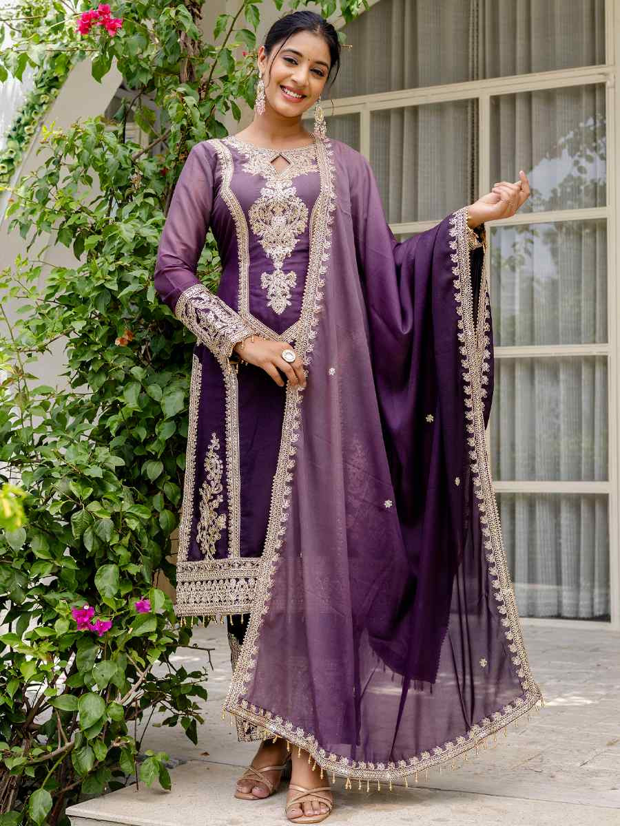 Purple Star Georgette Embroidered Festival Casual Ready Pant Salwar Kameez