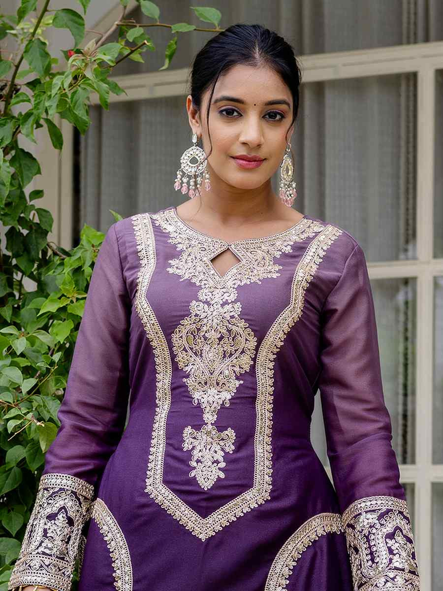 Purple Star Georgette Embroidered Festival Casual Ready Pant Salwar Kameez