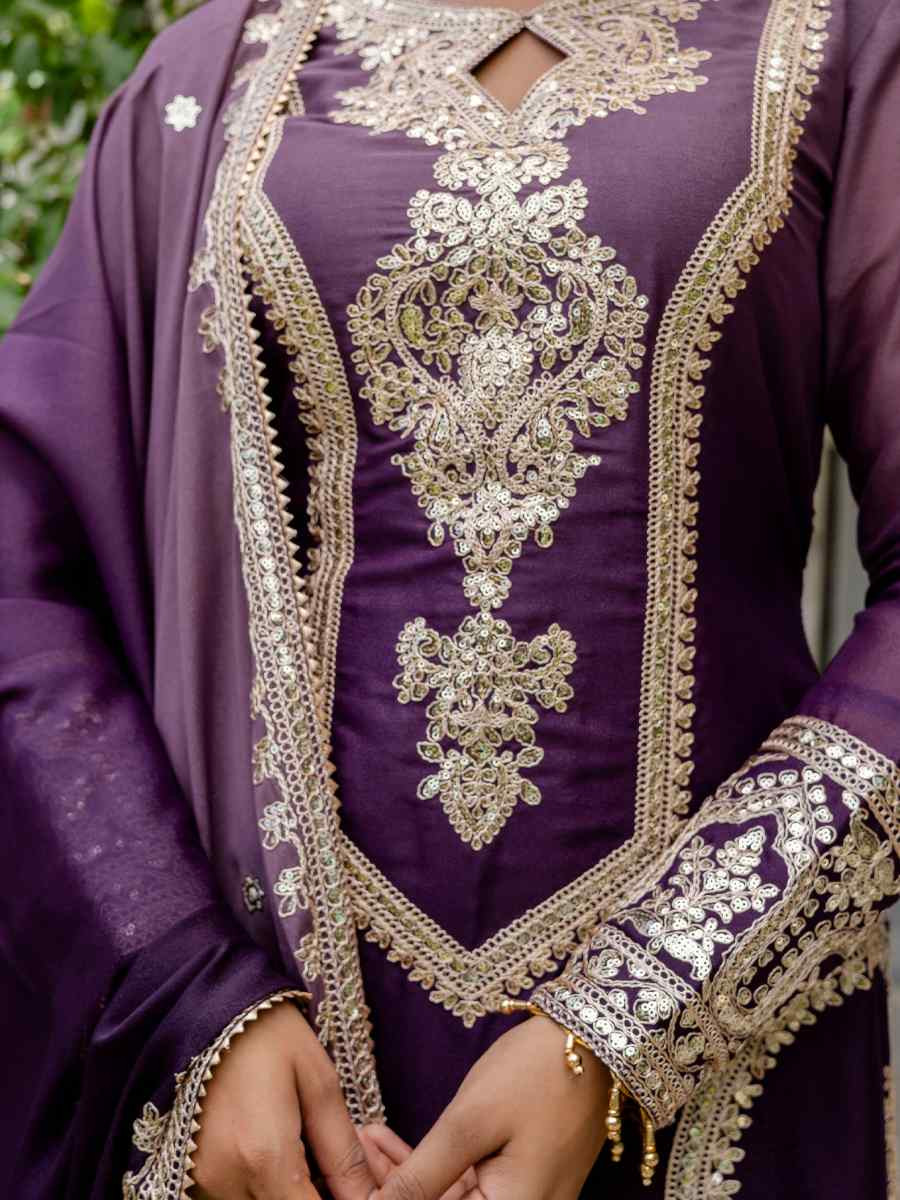 Purple Star Georgette Embroidered Festival Casual Ready Pant Salwar Kameez