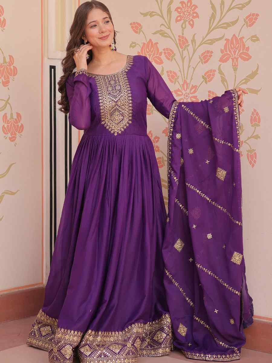Purple Star Georgette Embroidered Festival Casual Wedding Gown