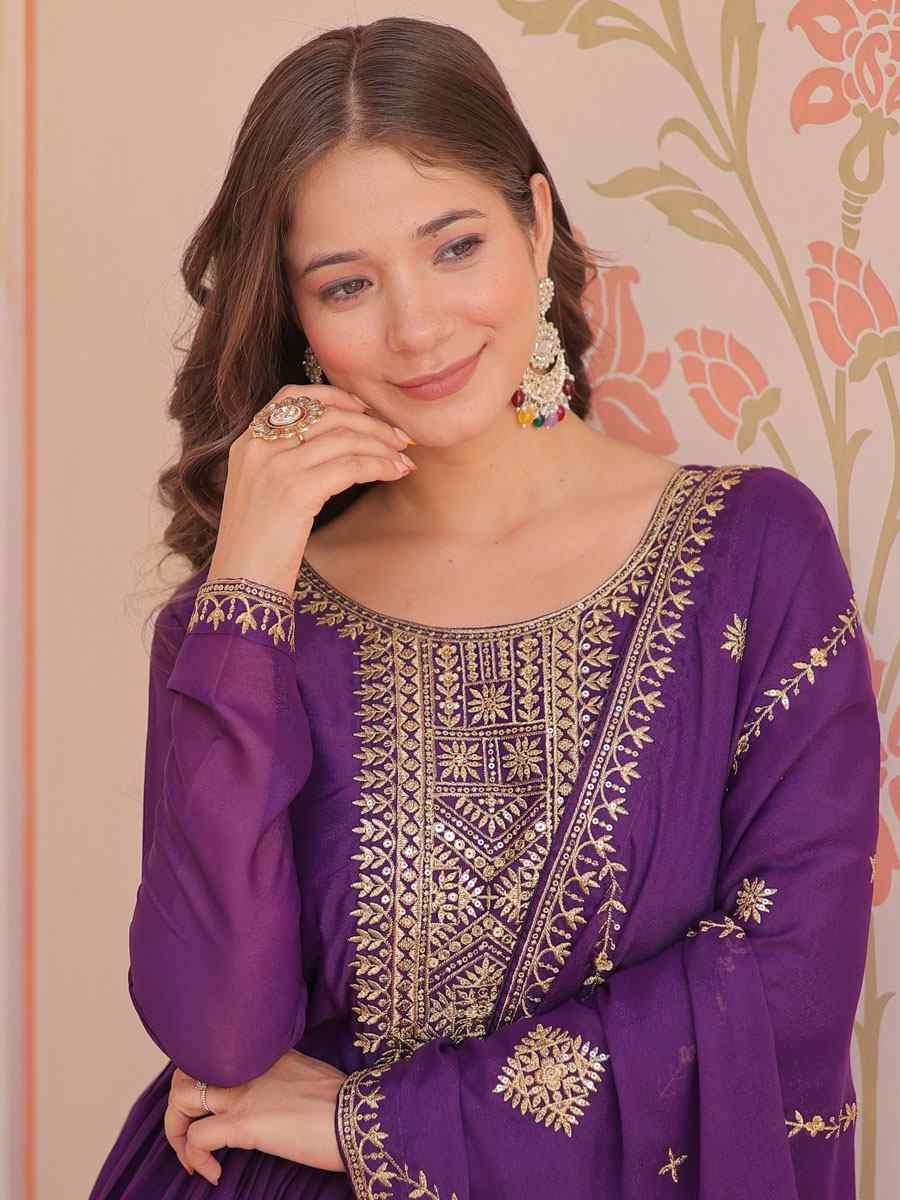 Purple Star Georgette Embroidered Festival Casual Wedding Gown