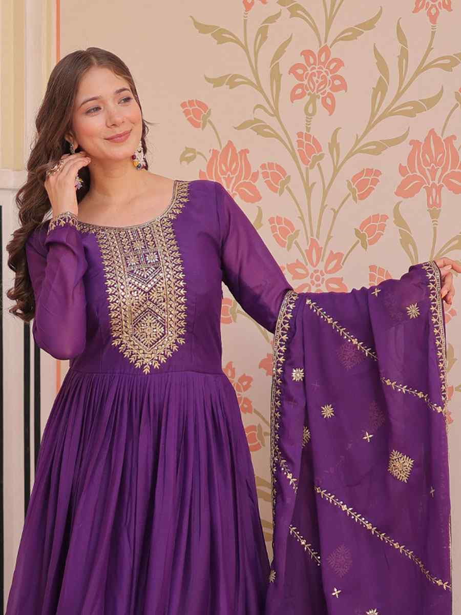 Purple Star Georgette Embroidered Festival Casual Wedding Gown