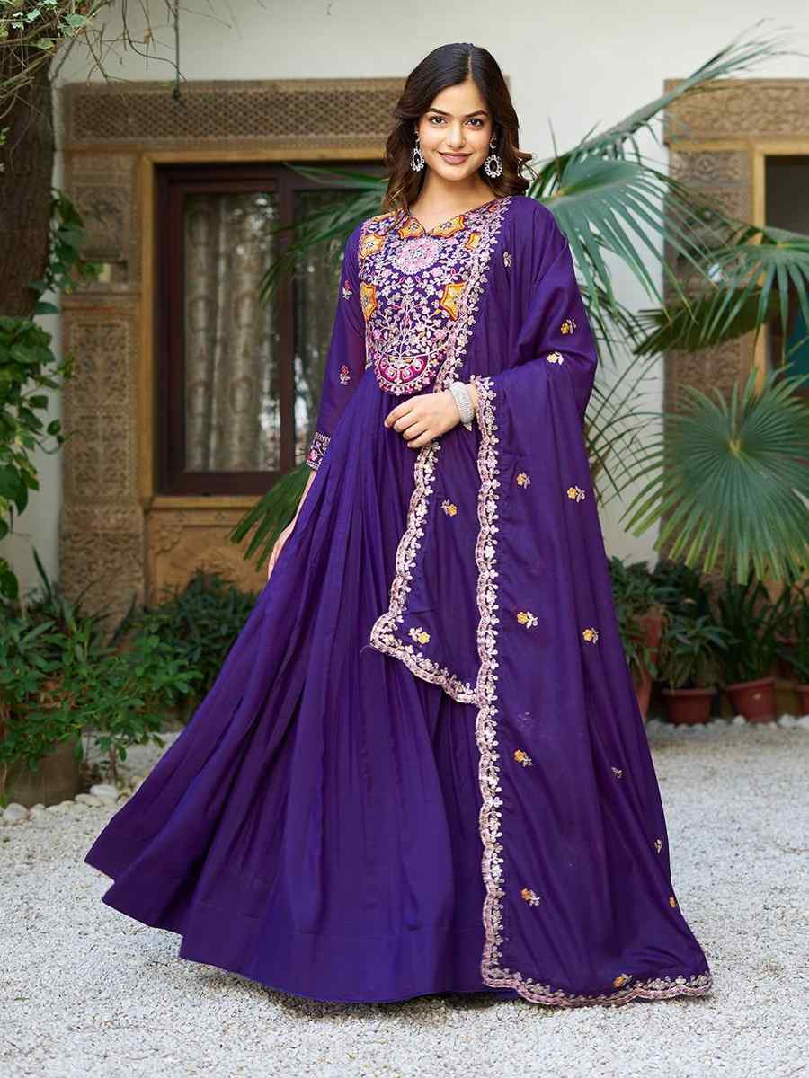 Purple Star Georgette Embroidered Festival Party Gown