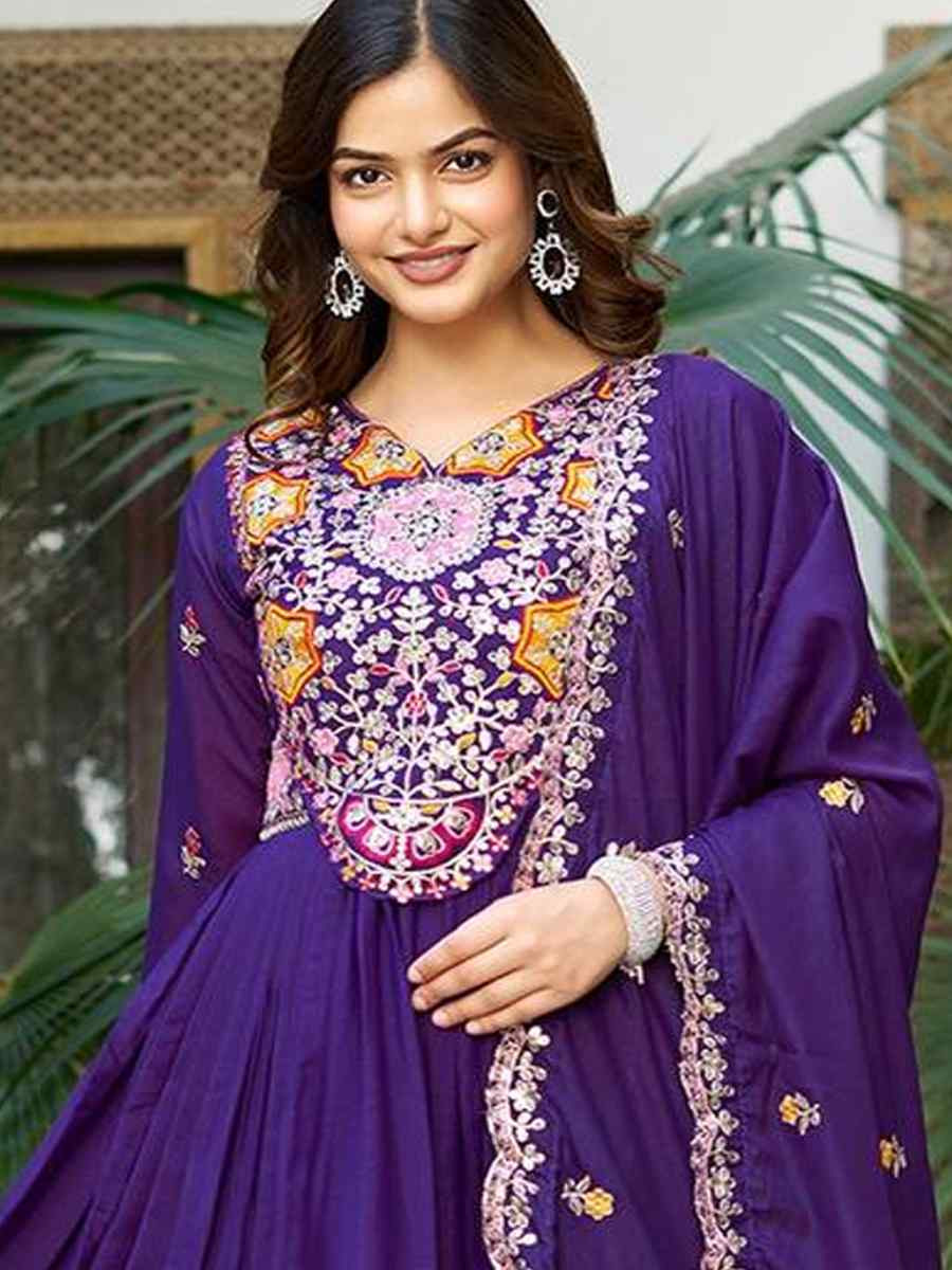 Purple Star Georgette Embroidered Festival Party Gown